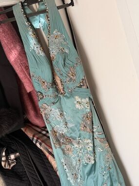 Embellished Teal Halter Evening Dress